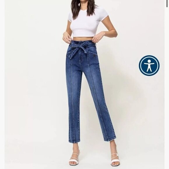 Vervet Plastic Love Stretch Mom Jeans Belted Waistband Seamed Blue Denim Size 25 - Picture 3 of 15